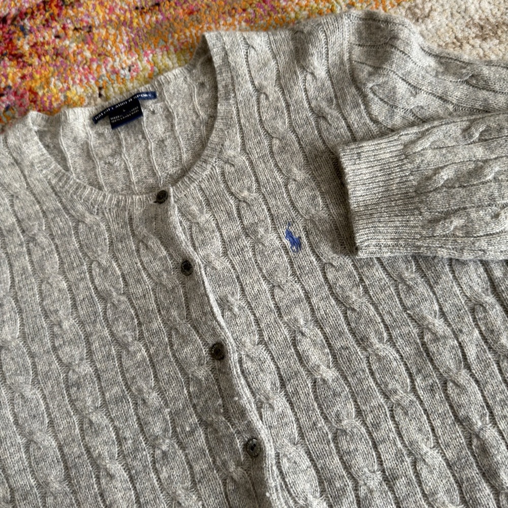 VTG Ralph Lauren Sport Cardigan Womens Sweater SZ Large Grey Cable Lambswool